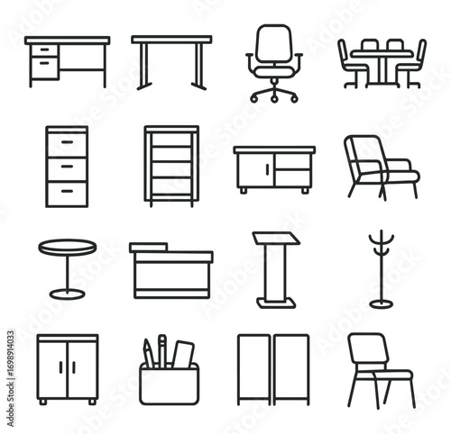 Office furniture linear icon set. featuring desk, table, chair, cabinet, recliner, coat rack, podium, and bookshelf