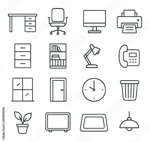 Office equipment linear icon set. featuring desk, chair, monitor, printer, file cabinet, lamp, phone