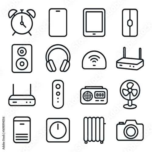 Home electronics linear icon set. featuring clock, phone, tablet, speaker, headphones, wifi, router, camera