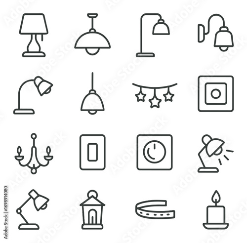 Home lighting linear icon set. featuring lamp, chandelier, sconce, switch, and candle symbols