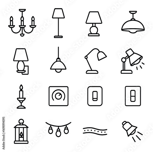 Lighting linear icon set. featuring chandelier, floor lamp, table lamp, pendant light, desk lamp, sconce