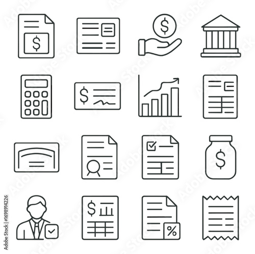 Finance and accounting linear icon set. featuring invoice, report, banking, calculator, chart, agreement symbols