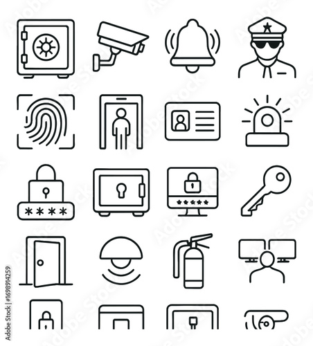 Security and safety linear icon set. featuring safe, cctv, alarm, security guard, fingerprint, and door icons