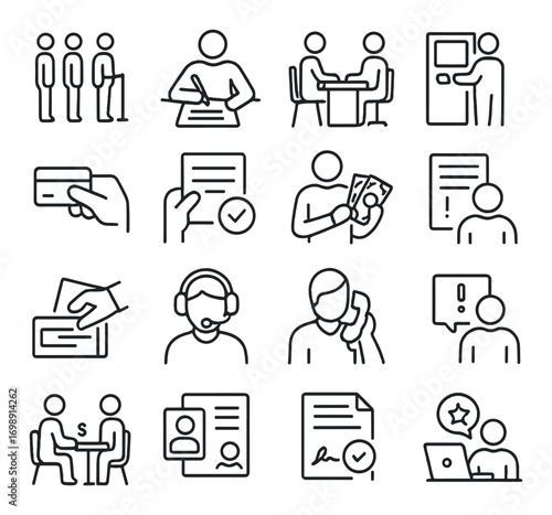 Business communication and transactions linear icon set. featuring meeting, agreement, payment, feedback, and support symbols