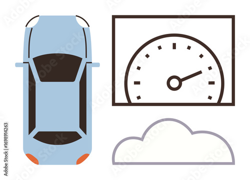 Simplified blue car top view, speedometer measuring performance, and a cloud representing technology. Ideal for mobility, transport, innovation, performance tracking, cloud computing, energy