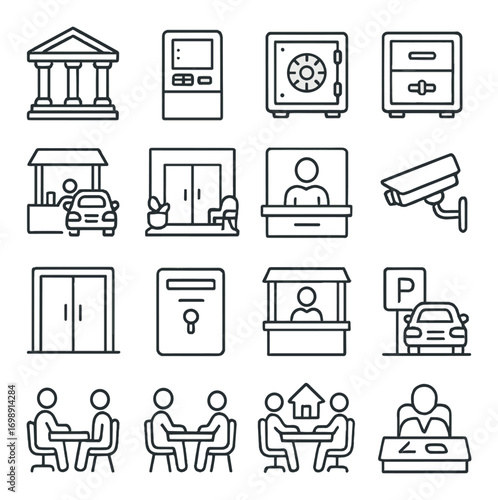 Banking and security linear icon set. featuring bank, atm, safe, checkpoint, cctv, door, meeting