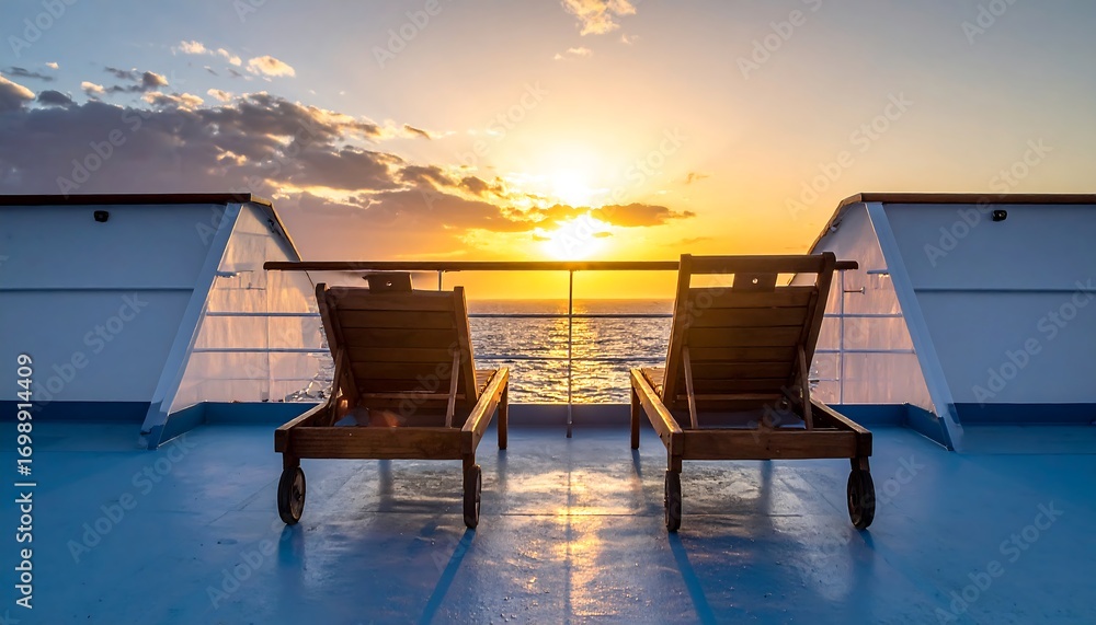 Fototapeta premium Two wooden sun loungers on a ship's deck face a golden sunset over the ocean.