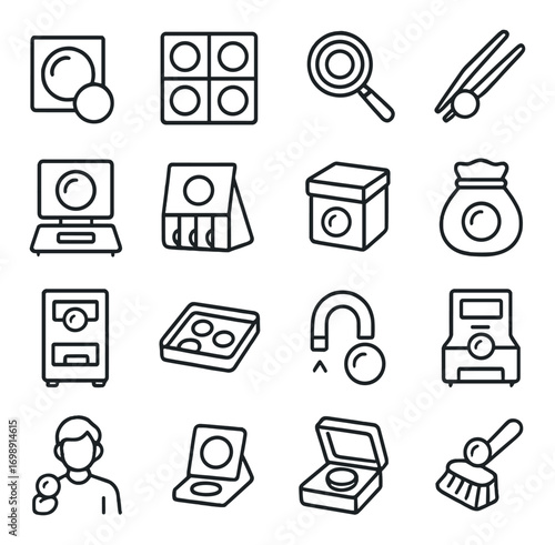Makeup and beauty linear icon set. featuring powder, blush, magnifying glass, and makeup bag symbols