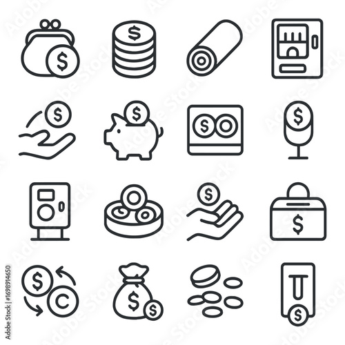 Finance and money linear icons set. featuring purse, coins, cash register, piggy bank, atm, and payment system symbols
