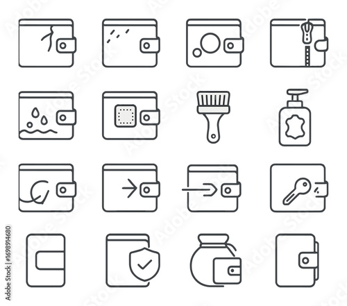 Wallet maintenance linear icon set. featuring repair, waterproofing, paintbrush, shield, and soap symbols