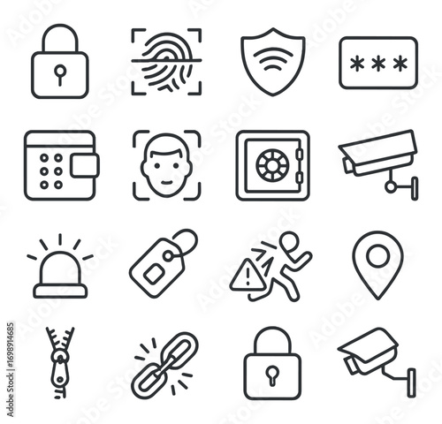 Security elements linear icon set. featuring lock, fingerprint, shield, password, camera, alarm, and map symbols