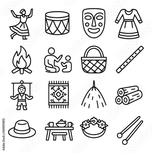 Folk culture linear icons set. featuring dancer, drum, mask, dress, bonfire, storytelling, basket, flute.