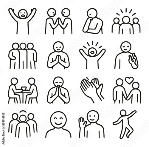 Communication and emotion linear icon set. featuring applause, handshake, thinking, approval, teamwork, friendship