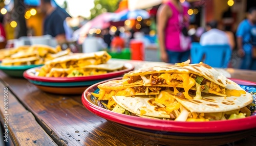 Quesadillas on plates at a street market
