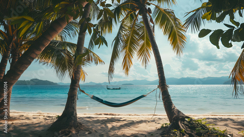 tropical beach with turquoise water, palm trees, hammock between trees, cinematic 16:9