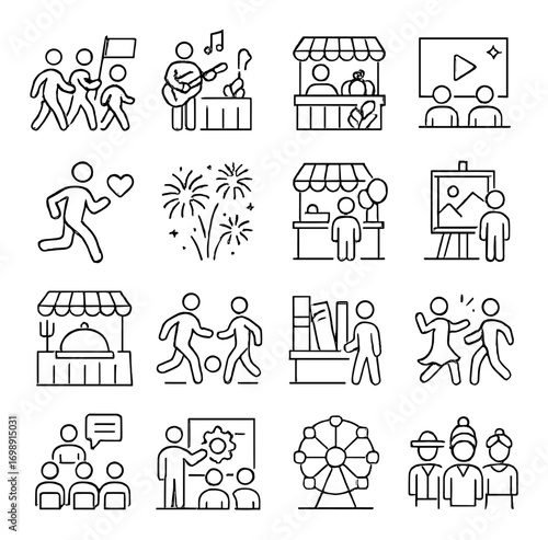 Community event linear icon set. featuring parade, music, vendor, film, running, fireworks, art, and carousel symbols