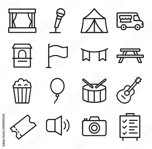 Festival linear icon set. featuring tent, microphone, food truck, ticket, camera, guitar, popcorn, and drum symbols.