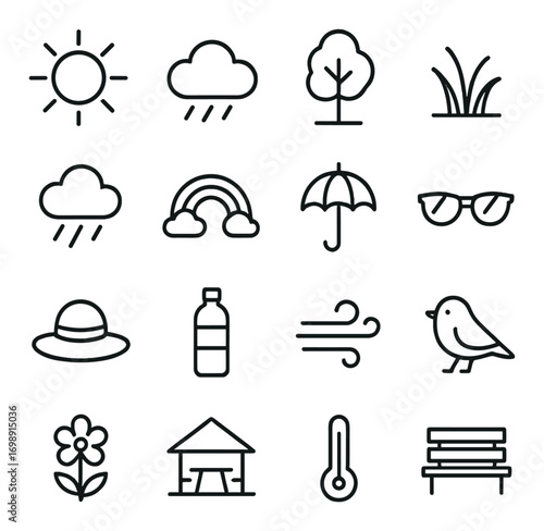 Weather and nature linear icon set. featuring sun, rain, tree, grass, umbrella, sunglasses, bird, and flower symbols.