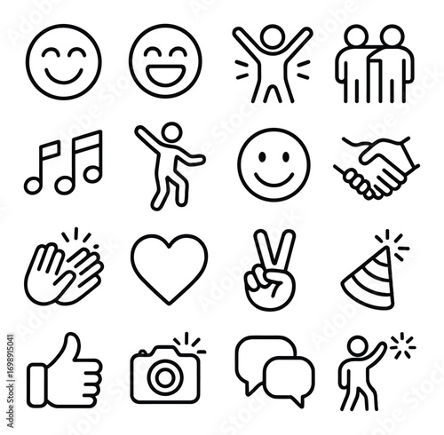 Social interaction linear icon set. featuring smiley, celebration, handshake, music, camera, and chat symbols