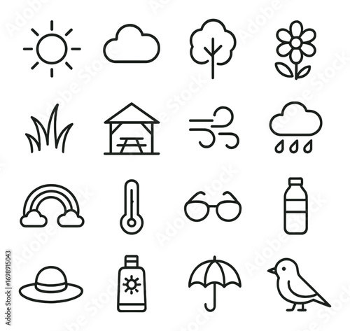 Summer activities linear icon set. featuring sun, cloud, tree, flower, grass, picnic, wind, rain, rainbow, and more