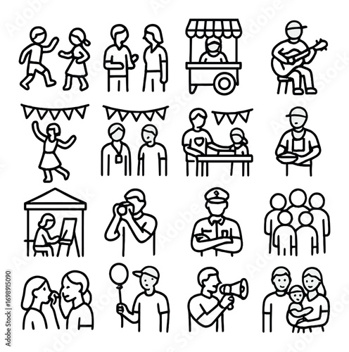 Community events linear icon set. featuring dancing, conversation, food stall, musician, and photographer symbols