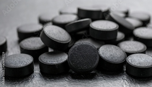 Pile of black pills on dark surface