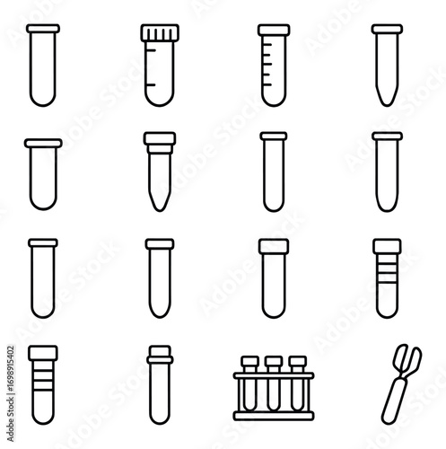 Laboratory equipment linear icons set. featuring test tubes, vials, racks, and forceps