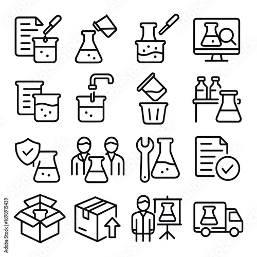 Laboratory and packaging linear icon set. featuring beaker, flask, analysis, safety, tools, shipping