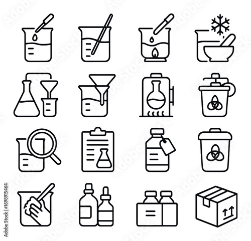 Chemistry lab linear icon set. featuring beaker, test tube, biohazard, measurement, mixing, and freezer icons