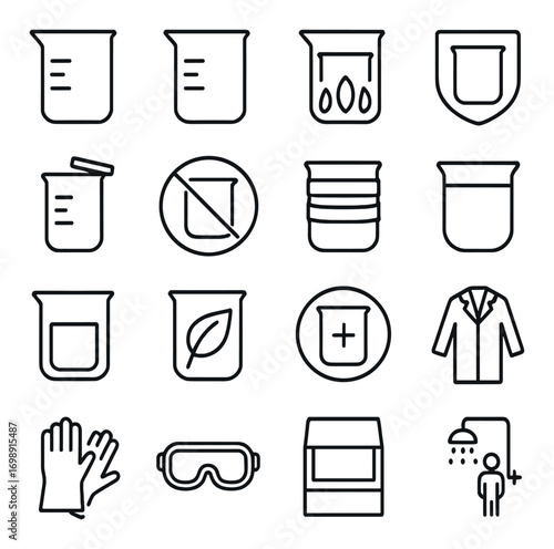 Laboratory equipment linear icon set. featuring beaker, safety goggles, shower, gloves, and lab coat symbols
