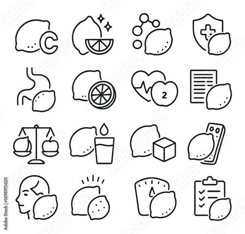 Nutrition and health linear icon set. featuring lemon, vitamin c, digestion, immunity, heart, and scales icons