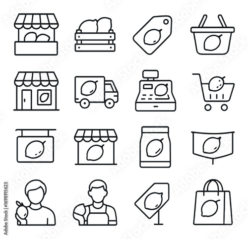 Market and farm linear icon set. featuring store, crate, tag, basket, truck, register, cart, sign, bag icons