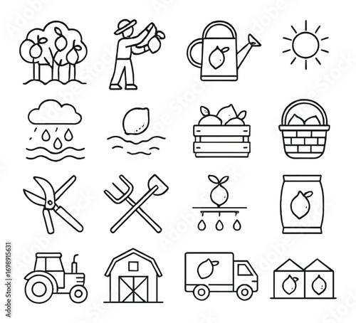 Agriculture linear icon set. featuring trees, farmer, watering can, sun, harvest, tools, and tractor symbols