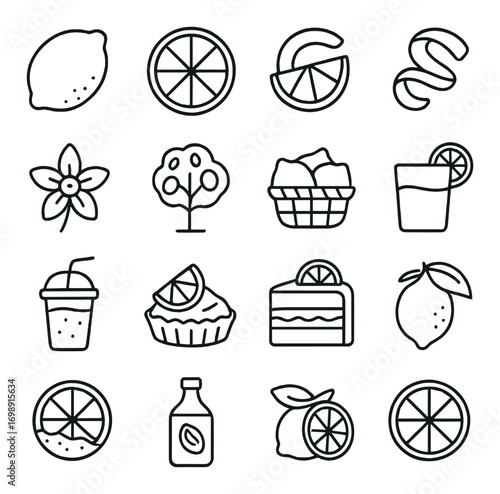 Fruits and drinks linear icon set. featuring lemon, orange slice, drink, cake, and juice symbols