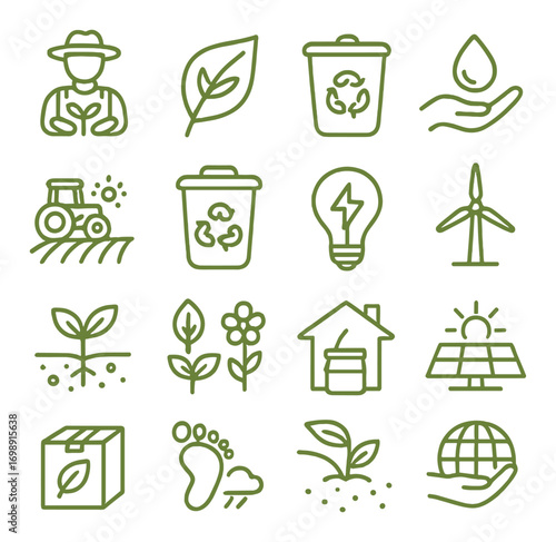 Eco-friendly living linear icon set. featuring farmer, recycling, compost, solar, and sustainability symbols