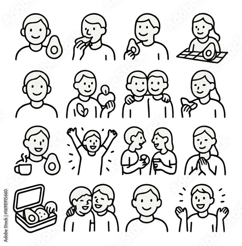 Human emotions linear icon set. featuring happy, sad, eating, celebrating, talking, hugging, and clapping symbols