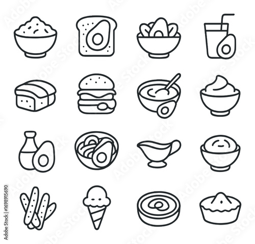 Breakfast foods linear icon set. featuring grains, toast, salad, juice, sandwich, burger, yogurt, ice cream