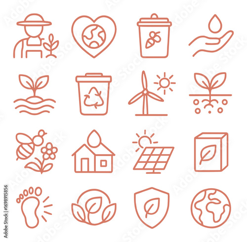 Eco linear icon set. featuring farmer, heart, recycling bin, water drop, plant, windmill, bee, solar panel