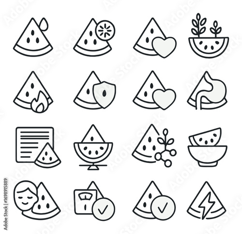 Watermelon linear icon set. featuring slice, seed, juice, heart, energy, bowl, and spa symbols