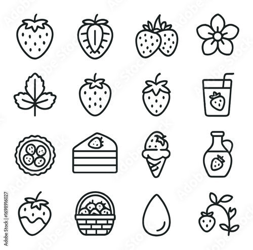 Strawberry linear icon set. featuring leaf, flower, juice, cake, ice cream, pancake, and jam symbols