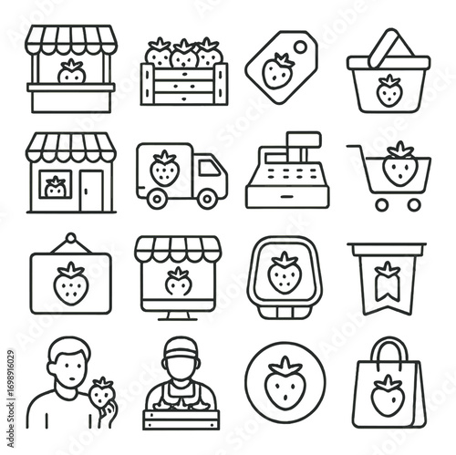 Strawberry market linear icon set. featuring stand, crate, tag, basket, store, truck, register, cart, sign, and cup