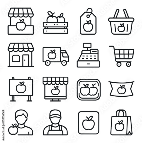 Marketplace linear icons set. featuring stand, box, tag, basket, store, truck, register, cart, billboard, apron