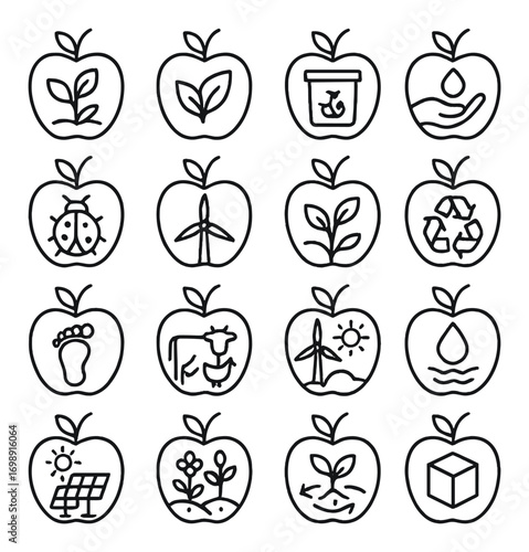 Nature conservation linear icon set. featuring sustainability, recycling, solar energy, and wind power symbols