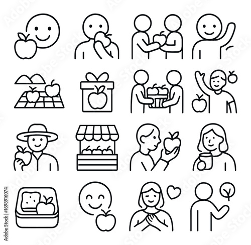 Apple-themed linear icon set. featuring eating, sharing, selling, gifting, and receiving symbols
