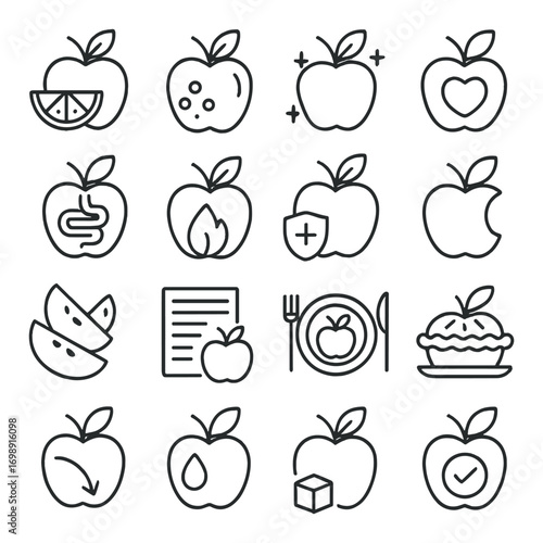 Healthy eating linear icons set. featuring apple, digestive health, nutrition, meal prep, hydration, and wellness symbols