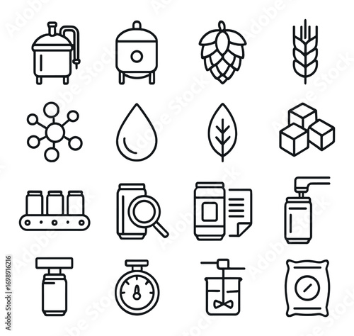 Brewery and hops linear icons set. featuring beer, fermentation, hops, grains, droplets, and leaf symbols