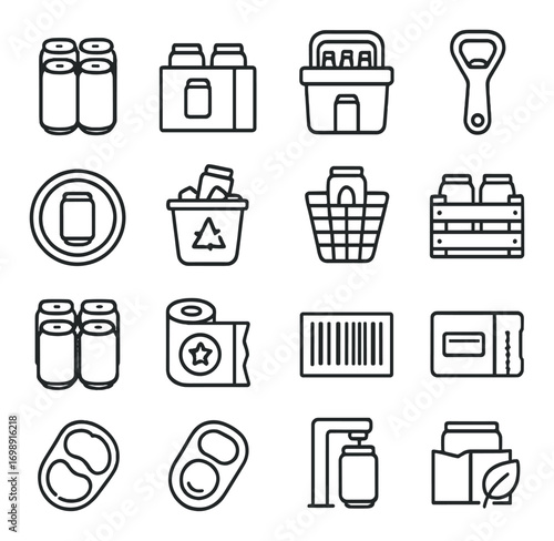 Beverage packaging linear icon set. featuring cans, bottles, opener, recycling, basket, and barcode symbols