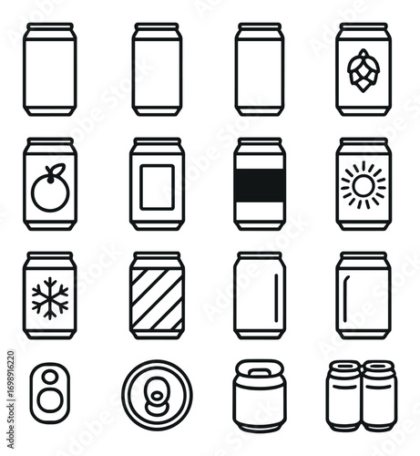 Beverage cans linear icon set. featuring beer, soda, juice, hop, fruit, sun, snowflake, pull tab