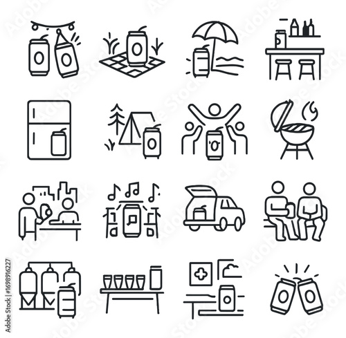 Camping linear icon set. featuring barbecue, picnic, beach, hiking, music, and travel symbols
