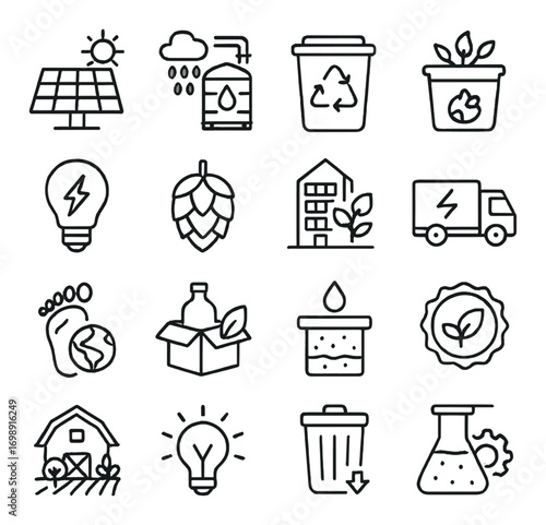 Eco-friendly linear icon set. featuring solar, recycling, compost, electric truck, eco house, and green energy symbols